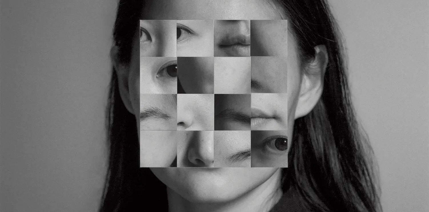 Obra de Kensuke Koike, collage de la cara de una mujer