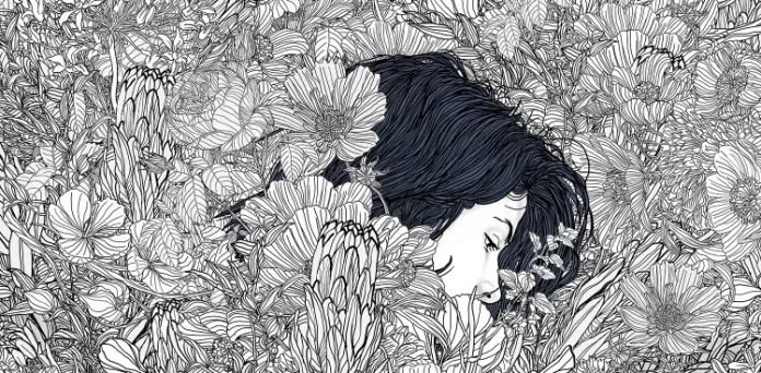 Ilustración, la cabeza de una mujer entre las flores. Autor: Pedro Tapa