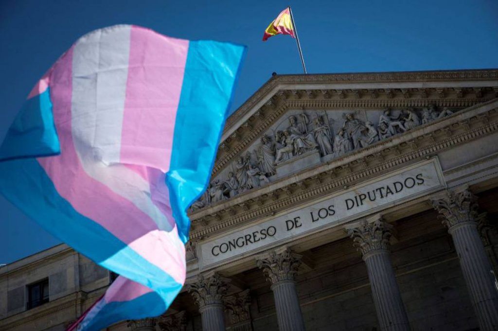 Una bandera trans en frente del Congreso