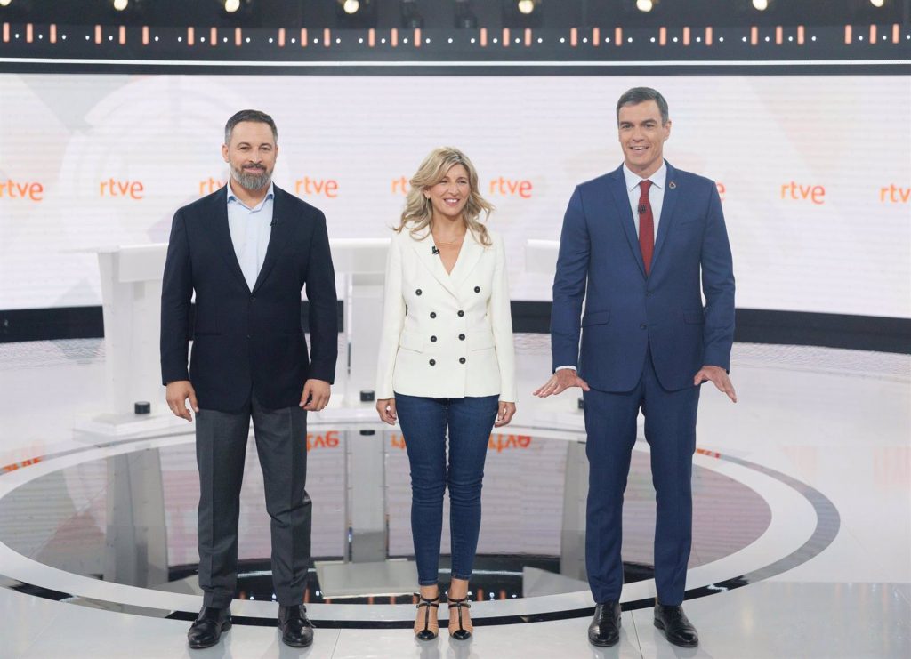 Debate final del 23J entre Sánchez, Abascal y Yolanda Díaz.