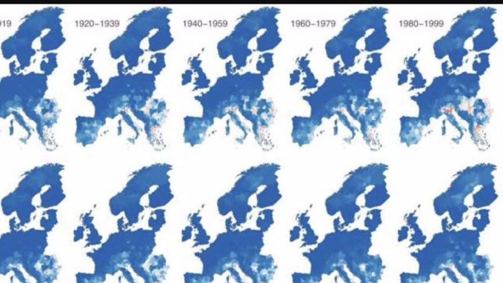 Cambios estimados en el riesgo de circulación local del virus del Nilo Occidental desde principios del siglo pasado en todo el continente europeo / Fuente: Europa Press