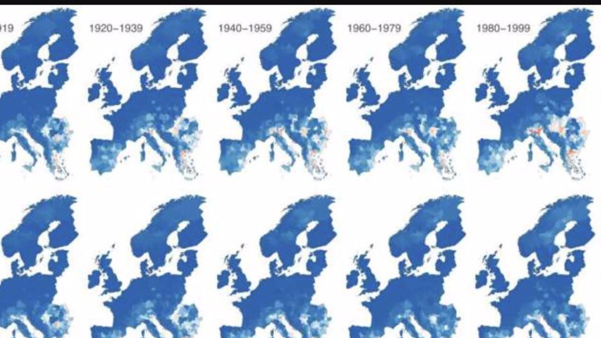 Cambios estimados en el riesgo de circulación local del virus del Nilo Occidental desde principios del siglo pasado en todo el continente europeo / Fuente: Europa Press