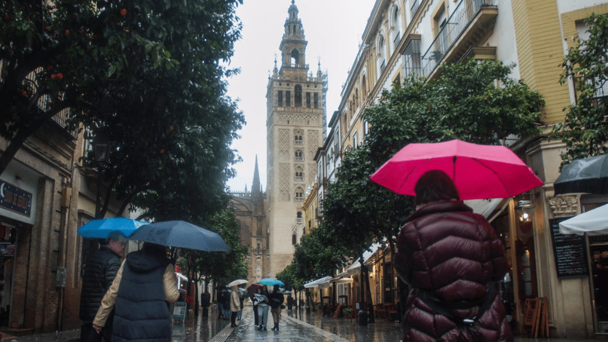 Varias personas se protegen de la lluvia bajo sus paraguas en Sevilla (Andalucía, España) - María José López - Europa Press