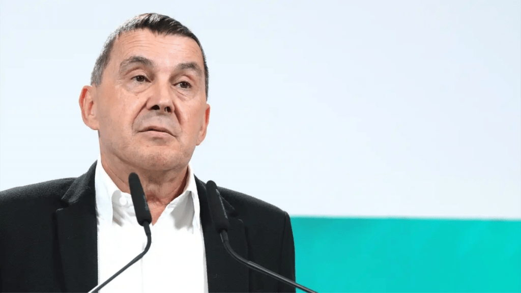 El coordinador de Bildu, Arnaldo Otegi, el lunes en rueda de prensa. Europa Press