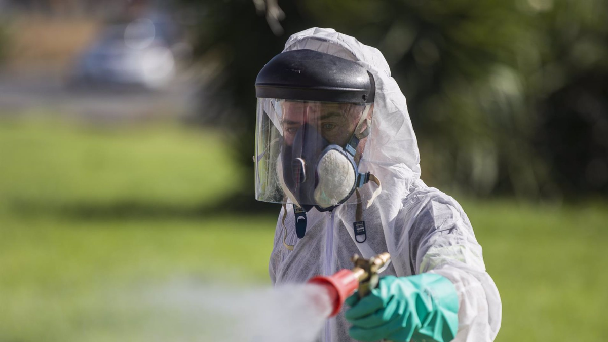 Un trabajador durante las labores de fumigación contra los mosquitos causantes del virus del Nilo en Coria | EP