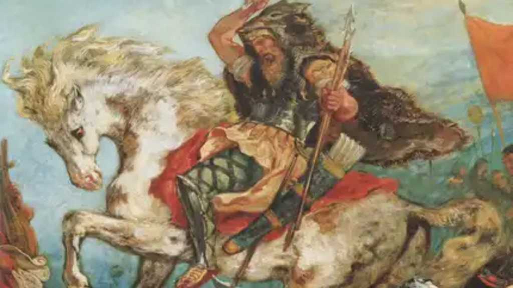 Atila el Huno y su ejército atacan a caballo en un cuadro los del pintor francés Eugene Delacroix los