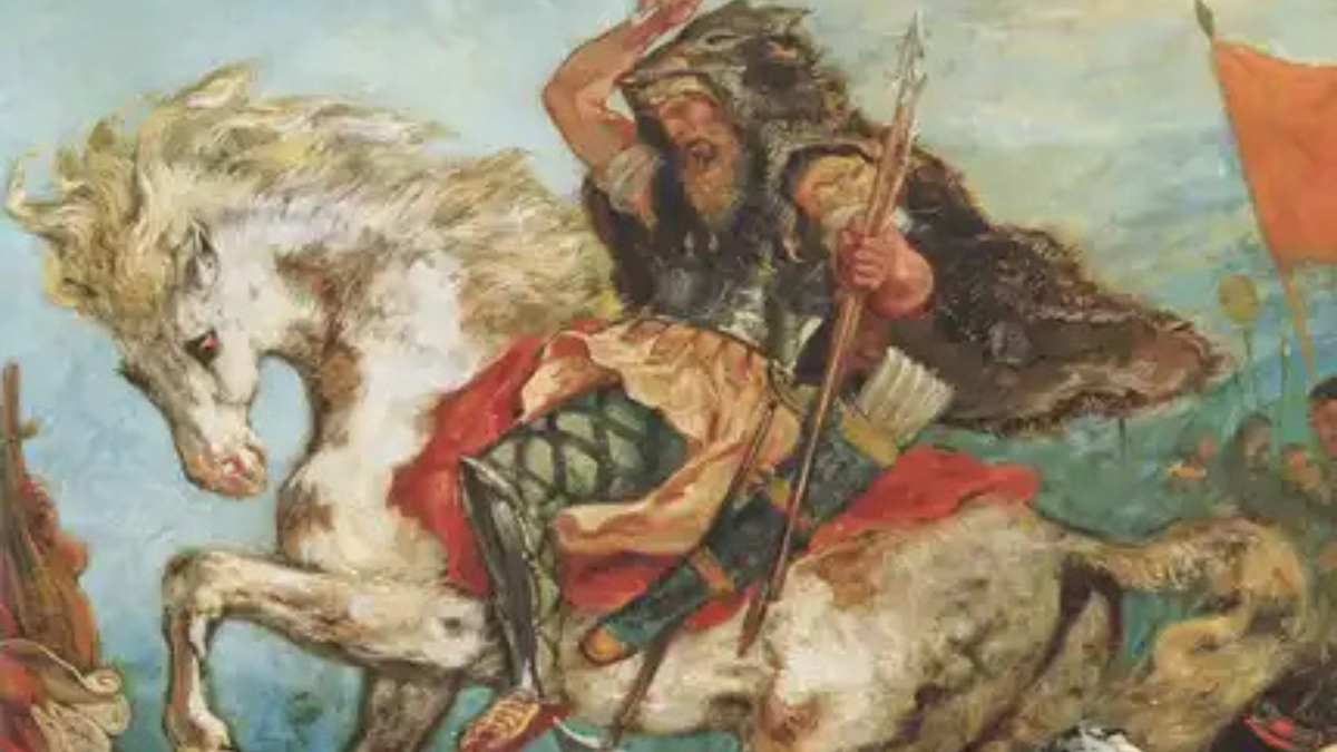 Atila el Huno y su ejército atacan a caballo en un cuadro los del pintor francés Eugene Delacroix los