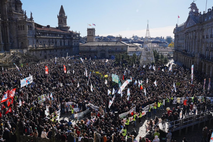 Miles de personas durante una nueva protesta contra la empresa de celulosa Altri, a 15 de diciembre de 2024, en Santiago de Compostela, A Coruña, Galicia